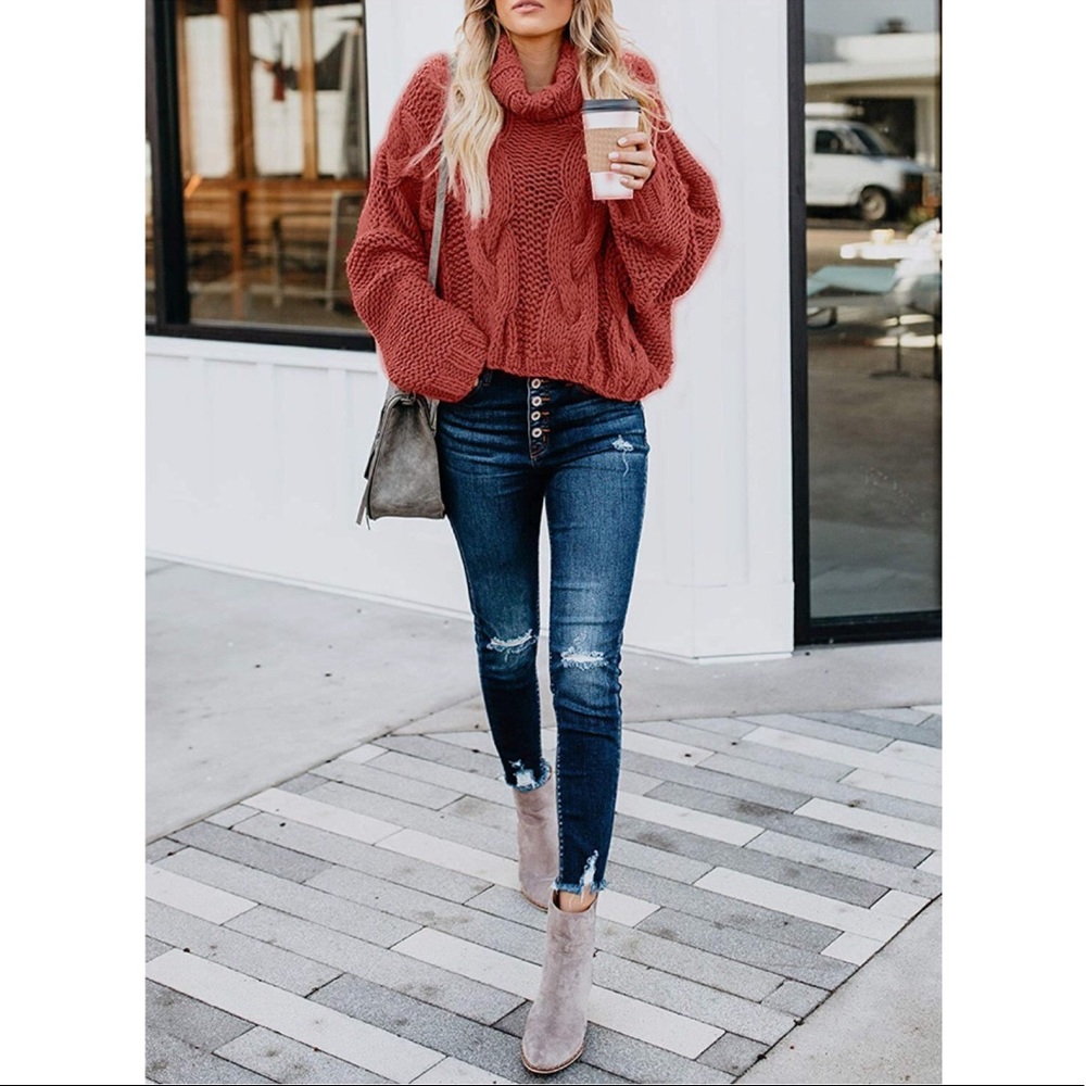 Cable Knit Turtleneck Long Sleeve Oversize Sweater - Picture 4 of 7